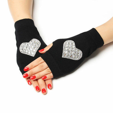 Winter Warm Glitter Embroidery Embellished Fingerless Gloves Mitts Wristlet Wrist Hand Warmer