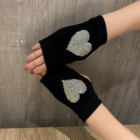 Winter Warm Glitter Embroidery Embellished Fingerless Gloves Mitts Wristlet Wrist Hand Warmer