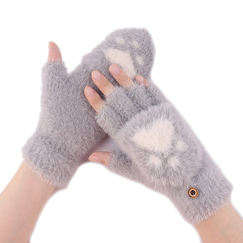 Cute Paw Fuzzy Fur Warm Wool Convertible Fingerless Gloves cum Mittens Winter Wrist Arm Warmer Mitts Gloves