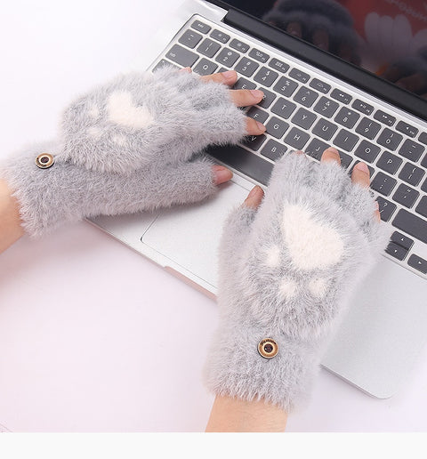 Cute Paw Fuzzy Fur Warm Wool Convertible Fingerless Gloves cum Mittens Winter Wrist Arm Warmer Mitts Gloves