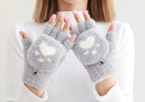 Cute Paw Fuzzy Fur Warm Wool Convertible Fingerless Gloves cum Mittens Winter Wrist Arm Warmer Mitts Gloves