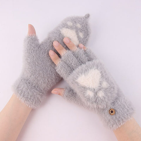 Cute Paw Fuzzy Fur Warm Wool Convertible Fingerless Gloves cum Mittens Winter Wrist Arm Warmer Mitts Gloves