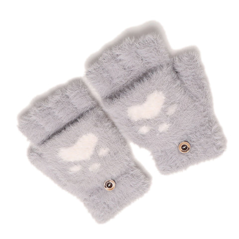 Cute Paw Fuzzy Fur Warm Wool Convertible Fingerless Gloves cum Mittens Winter Wrist Arm Warmer Mitts Gloves