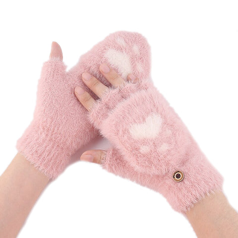 Cute Paw Fuzzy Fur Warm Wool Convertible Fingerless Gloves cum Mittens Winter Wrist Arm Warmer Mitts Gloves