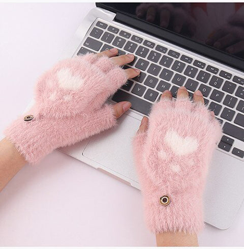 Cute Paw Fuzzy Fur Warm Wool Convertible Fingerless Gloves cum Mittens Winter Wrist Arm Warmer Mitts Gloves