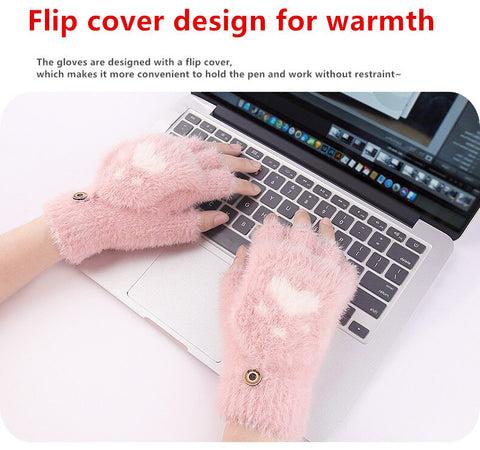 Cute Paw Fuzzy Fur Warm Wool Convertible Fingerless Gloves cum Mittens Winter Wrist Arm Warmer Mitts Gloves