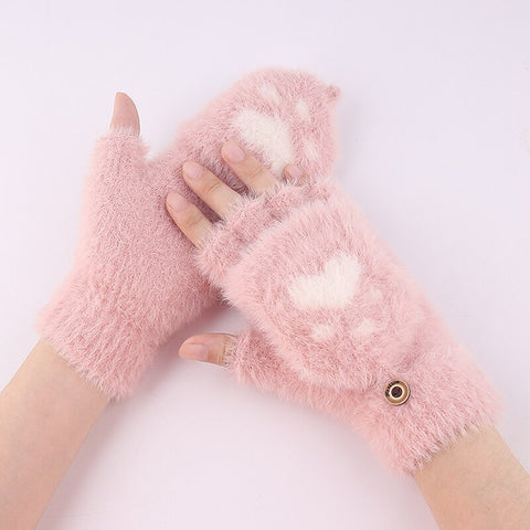 Cute Paw Fuzzy Fur Warm Wool Convertible Fingerless Gloves cum Mittens Winter Wrist Arm Warmer Mitts Gloves