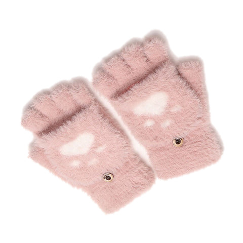 Cute Paw Fuzzy Fur Warm Wool Convertible Fingerless Gloves cum Mittens Winter Wrist Arm Warmer Mitts Gloves