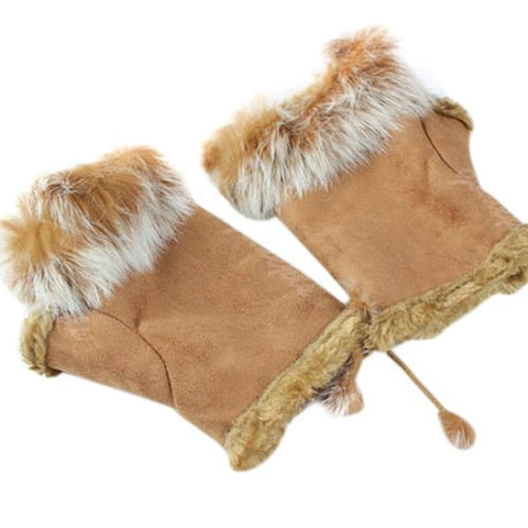Luxurious Faux Fur and Suede Knitted Winter Thermal Warm Fingerless Gloves Hand Warmer
