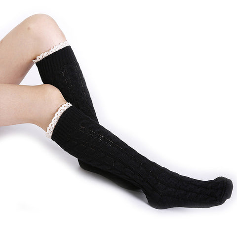 Wavy Crochet Lace Knitted Warm Thermal Long Woolen Knee High Stocking Socks Leg Warmers