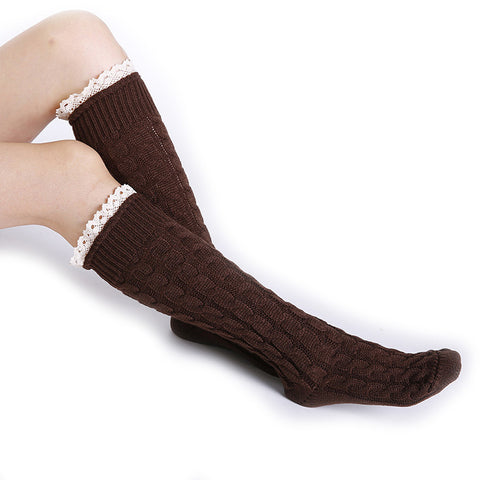 Wavy Crochet Lace Knitted Warm Thermal Long Woolen Knee High Stocking Socks Leg Warmers