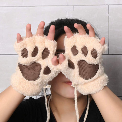 Winter Warm Fur Cute Claw Paw Plush Fingerless Half Finger Gloves Mitts Wrist hand Warmer for Women