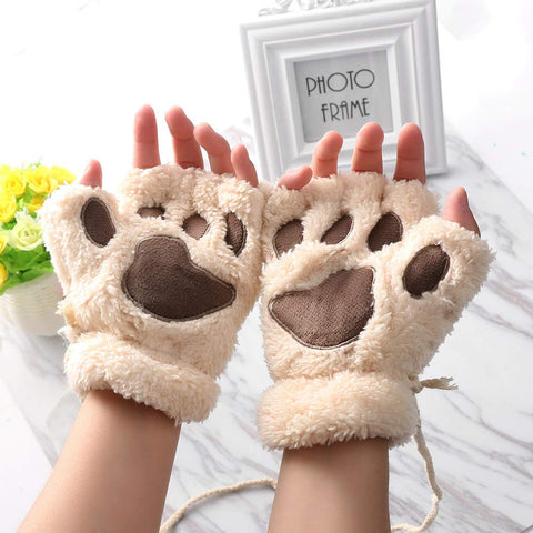 Winter Warm Fur Cute Claw Paw Plush Fingerless Half Finger Gloves Mitts Wrist hand Warmer for Women