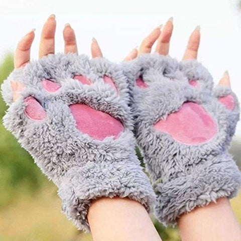 Winter Warm Fur Cute Claw Paw Plush Fingerless Half Finger Gloves Mitts Wrist hand Warmer for Women