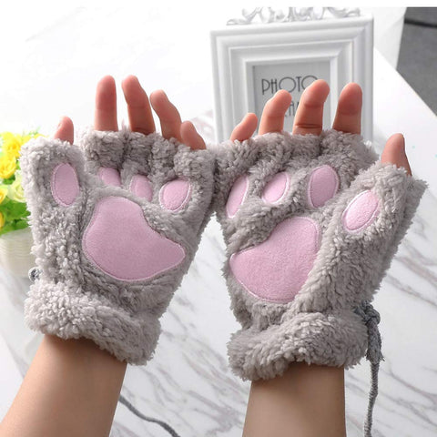 Winter Warm Fur Cute Claw Paw Plush Fingerless Half Finger Gloves Mitts Wrist hand Warmer for Women