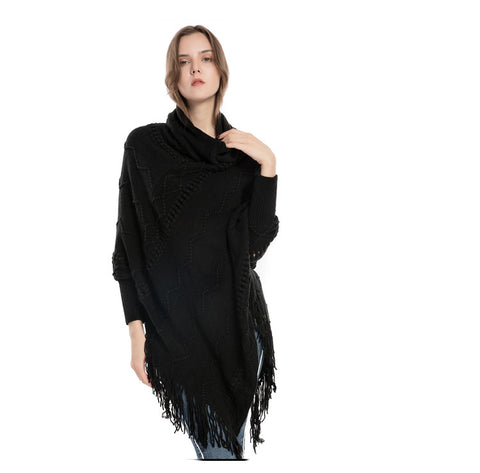 Knitted Turtle Neck Woolen Warm Winter Poncho Sweater Cape Wrap with Tassel Fringe Hem and Sleeves