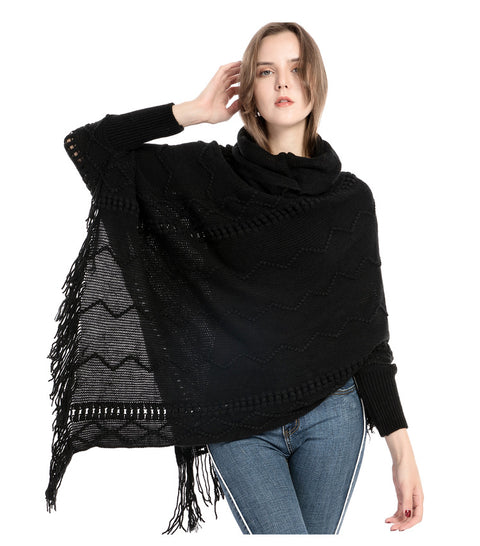 Knitted Turtle Neck Woolen Warm Winter Poncho Sweater Cape Wrap with Tassel Fringe Hem and Sleeves