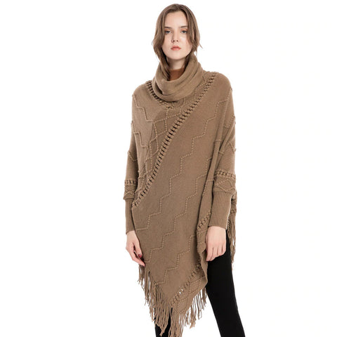 Knitted Turtle Neck Woolen Warm Winter Poncho Sweater Cape Wrap with Tassel Fringe Hem and Sleeves