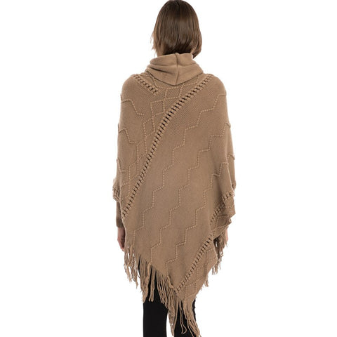 Knitted Turtle Neck Woolen Warm Winter Poncho Sweater Cape Wrap with Tassel Fringe Hem and Sleeves