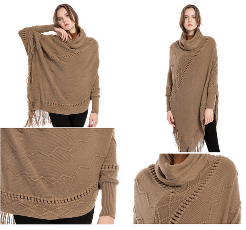 Knitted Turtle Neck Woolen Warm Winter Poncho Sweater Cape Wrap with Tassel Fringe Hem and Sleeves