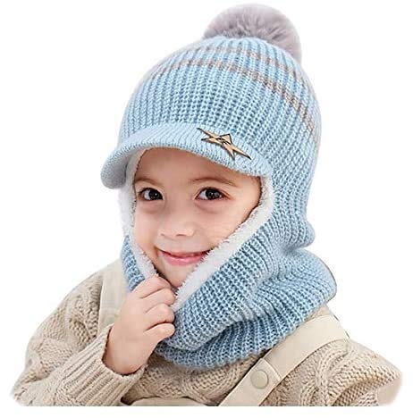 Woolen Warm Pom Pom Monkey Visor Cap Beanie with Anti Flop Brim Winter Accessories for Kids