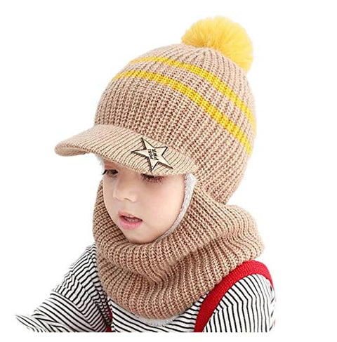 Woolen Warm Pom Pom Monkey Visor Cap Beanie with Anti Flop Brim Winter Accessories for Kids