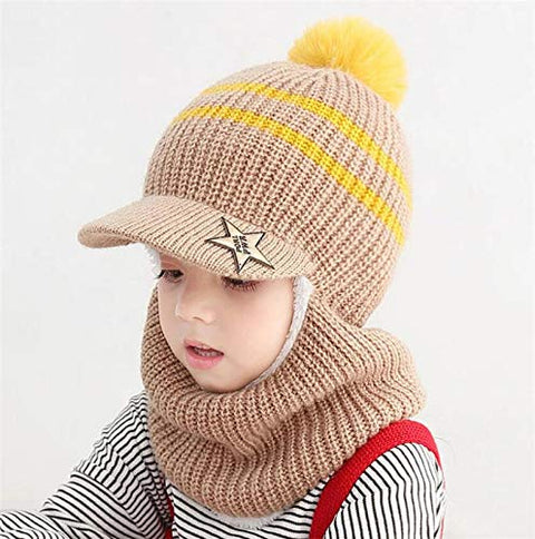 Woolen Warm Pom Pom Monkey Visor Cap Beanie with Anti Flop Brim Winter Accessories for Kids