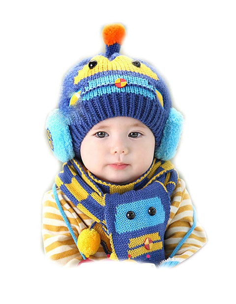 Warm Wool Cartoon Pom Pom Ears Cap Beanie Hat and Muffler Winter Accessories for Kids