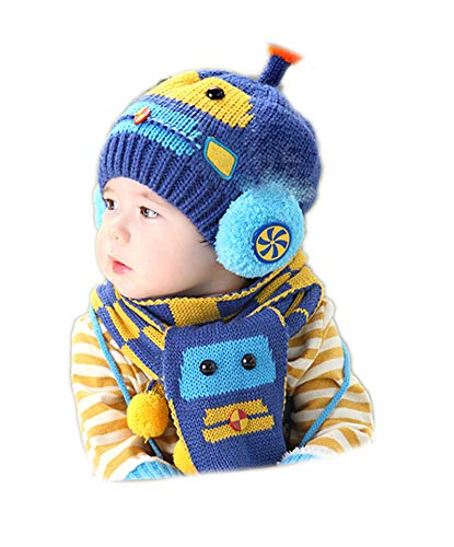 Warm Wool Cartoon Pom Pom Ears Cap Beanie Hat and Muffler Winter Accessories for Kids