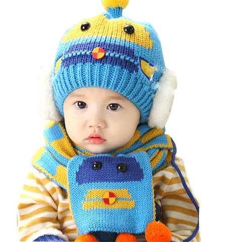 Warm Wool Cartoon Pom Pom Ears Cap Beanie Hat and Muffler Winter Accessories for Kids