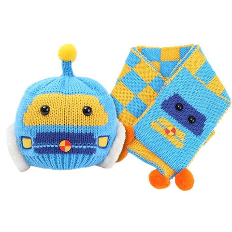 Warm Wool Cartoon Pom Pom Ears Cap Beanie Hat and Muffler Winter Accessories for Kids