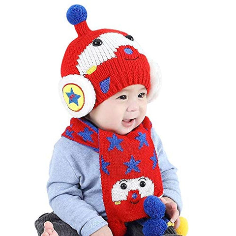 Warm Wool Cartoon Pom Pom Ears Cap Beanie Hat and Muffler Winter Accessories for Kids