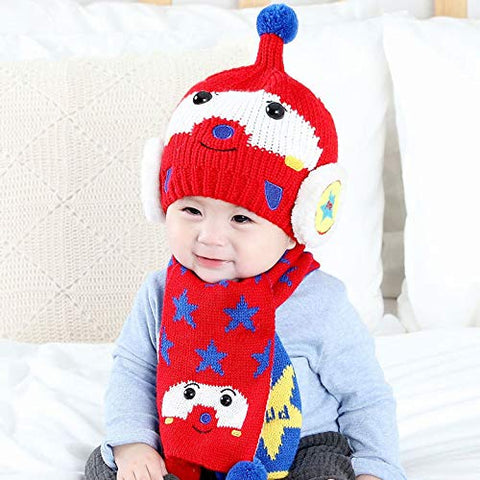 Warm Wool Cartoon Pom Pom Ears Cap Beanie Hat and Muffler Winter Accessories for Kids