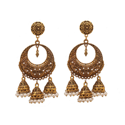 Gold Plated Pearl Borla Maang Tika with Chandelier Jhumka Earrings Wedding Party Mang Tikka Jewellery Set