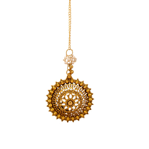 Gold Plated Pearl Borla Maang Tika with Chandelier Jhumka Earrings Wedding Party Mang Tikka Jewellery Set