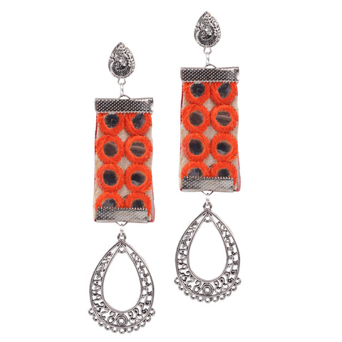 Mirror Work Look a Like Long Light Weight Oxidized Silver & Fabric Dangle Drop Pendant Earrings