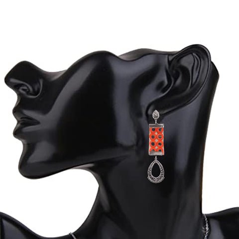 Mirror Work Look a Like Long Light Weight Oxidized Silver & Fabric Dangle Drop Pendant Earrings