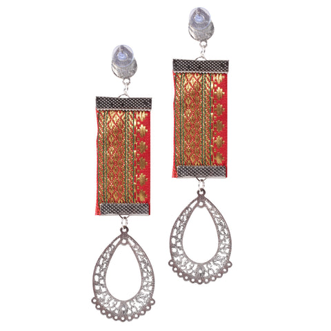 Mirror Work Look a Like Long Light Weight Oxidized Silver & Fabric Dangle Drop Pendant Earrings