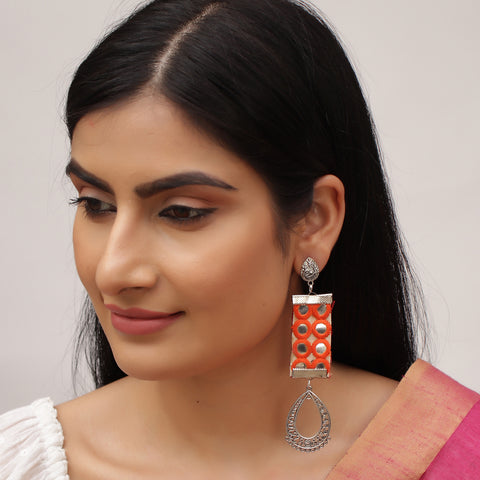 Mirror Work Look a Like Long Light Weight Oxidized Silver & Fabric Dangle Drop Pendant Earrings