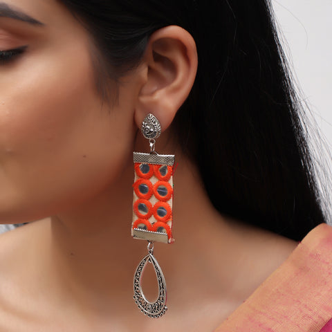 Mirror Work Look a Like Long Light Weight Oxidized Silver & Fabric Dangle Drop Pendant Earrings
