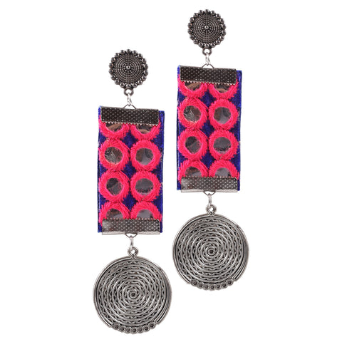 Mirror Work Look a Like Long Light Weight Oxidized Silver & Fabric Dangle Drop Pendant Earrings