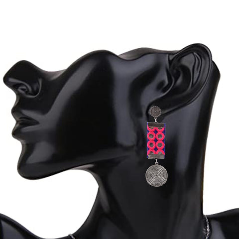Mirror Work Look a Like Long Light Weight Oxidized Silver & Fabric Dangle Drop Pendant Earrings