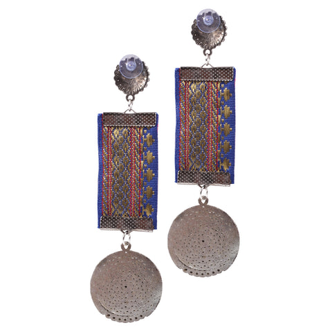 Mirror Work Look a Like Long Light Weight Oxidized Silver & Fabric Dangle Drop Pendant Earrings