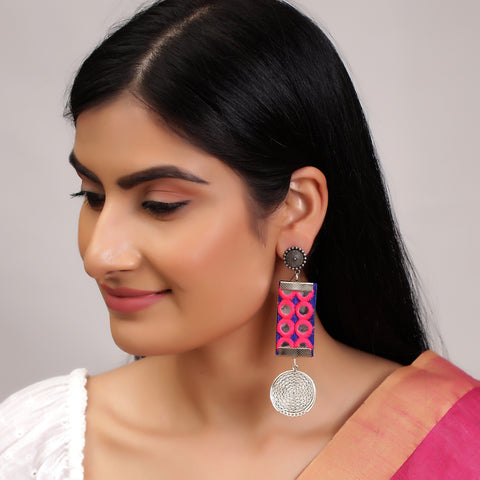 Mirror Work Look a Like Long Light Weight Oxidized Silver & Fabric Dangle Drop Pendant Earrings