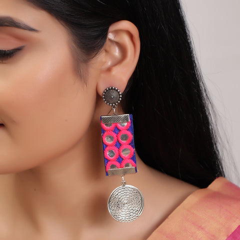 Mirror Work Look a Like Long Light Weight Oxidized Silver & Fabric Dangle Drop Pendant Earrings