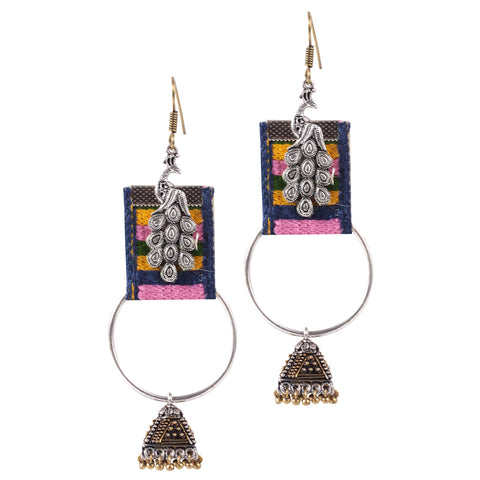 Unique Handmade Designer Peacock Crafted Round Handloom Fabric Hoop Earrings with Jhumki