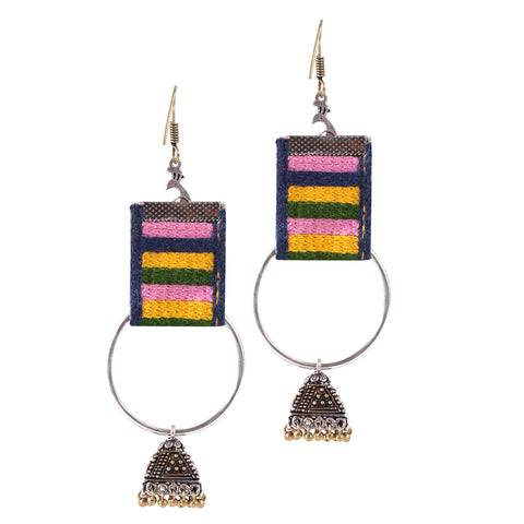 Unique Handmade Designer Peacock Crafted Round Handloom Fabric Hoop Earrings with Jhumki