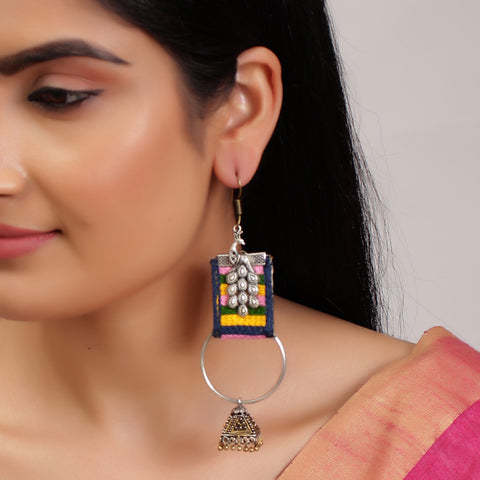 Unique Handmade Designer Peacock Crafted Round Handloom Fabric Hoop Earrings with Jhumki