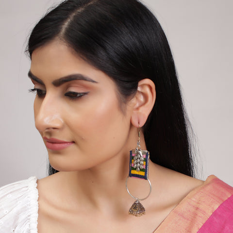 Unique Handmade Designer Peacock Crafted Round Handloom Fabric Hoop Earrings with Jhumki