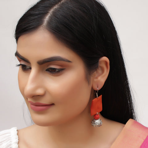 Square Shape Handloom Fabric Dangle Drop Pendant Jhumka Earrings